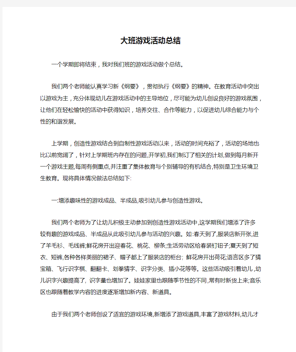 大班游戏活动总结