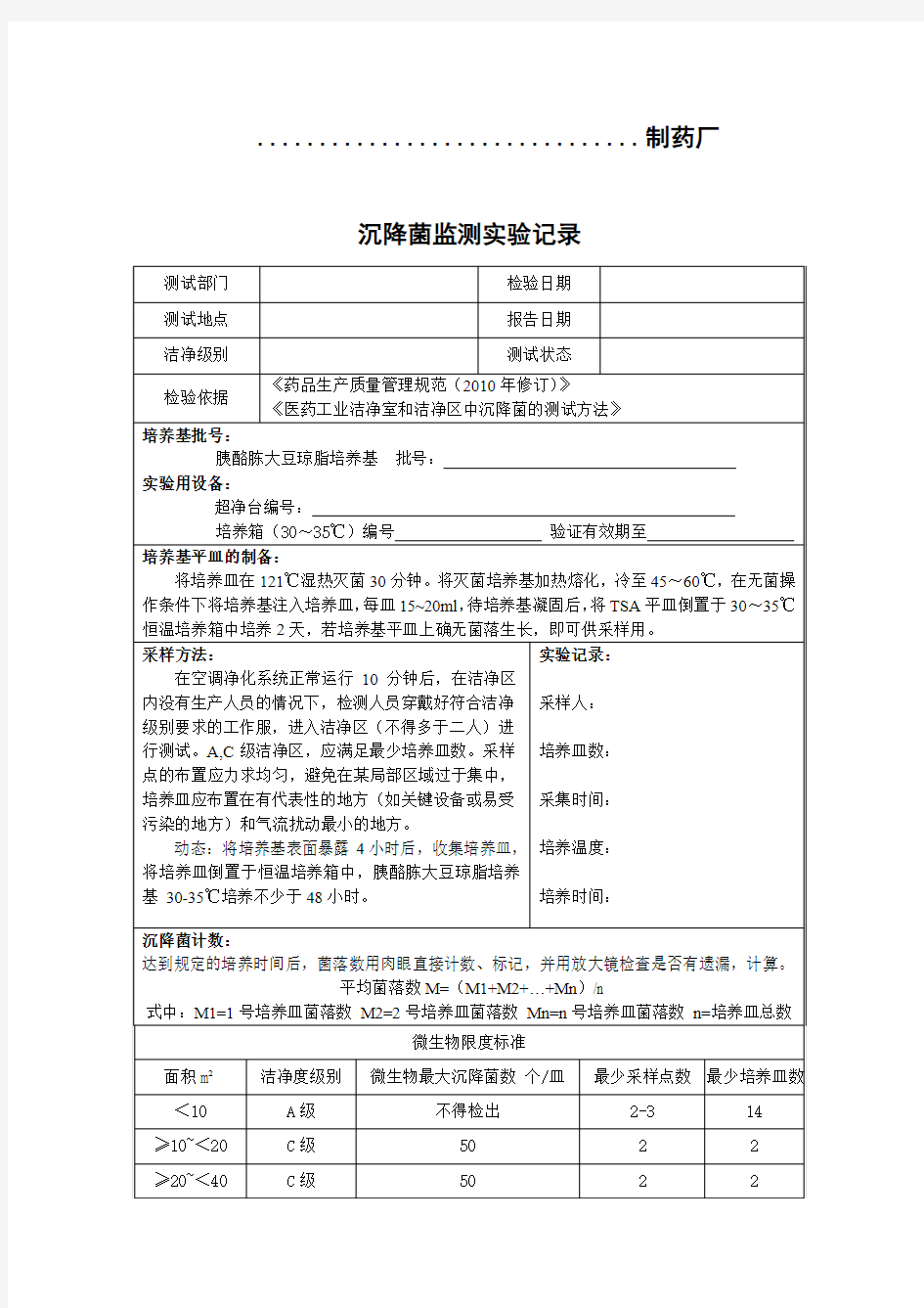 增补本药典 沉降菌监测实验记录