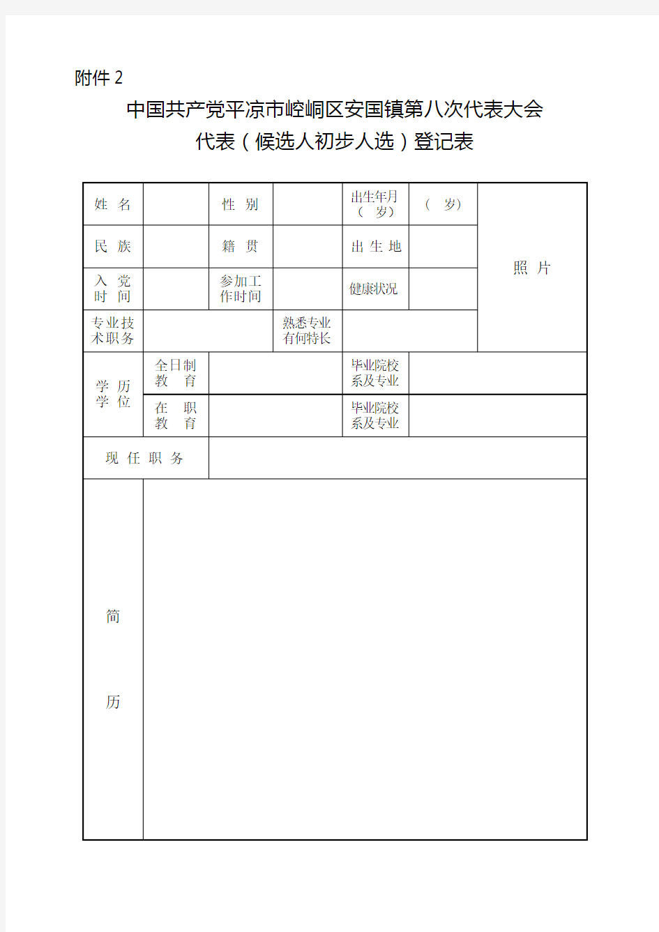 代表候选人初步人选登记表