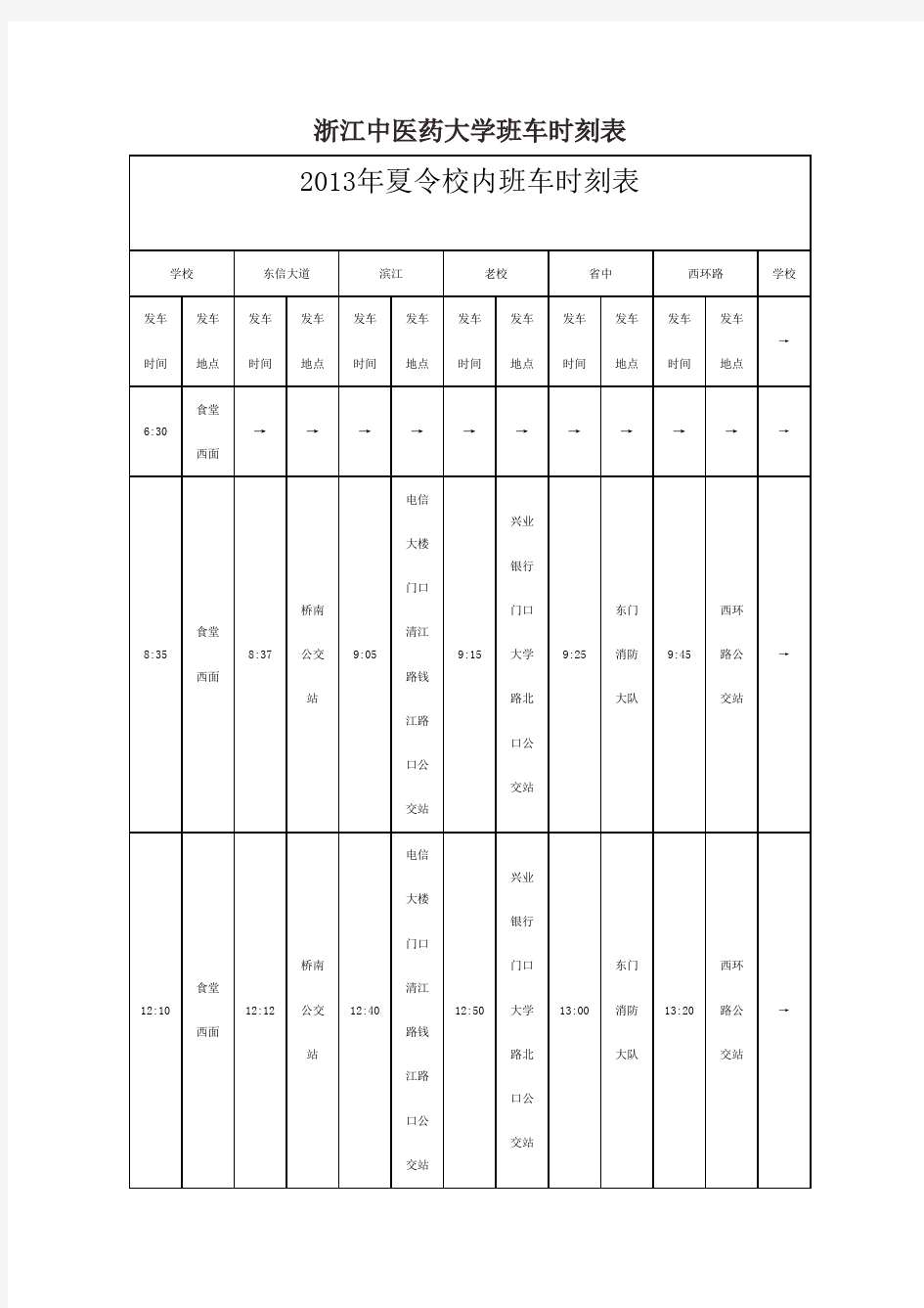 浙江中医药大学班车时刻表