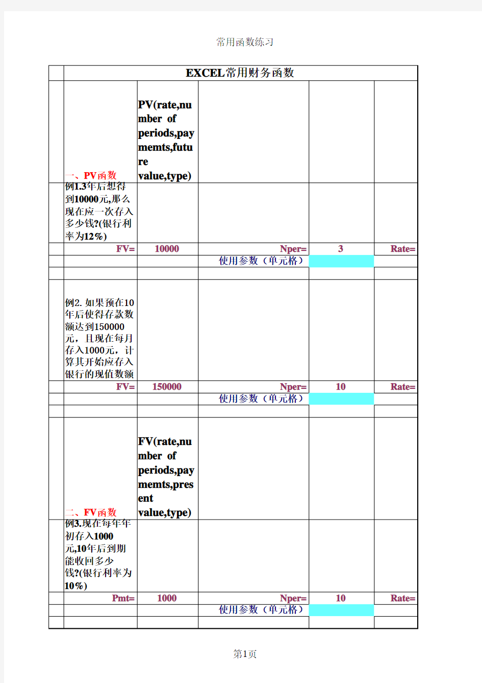 EXCEL常用财务函数练习