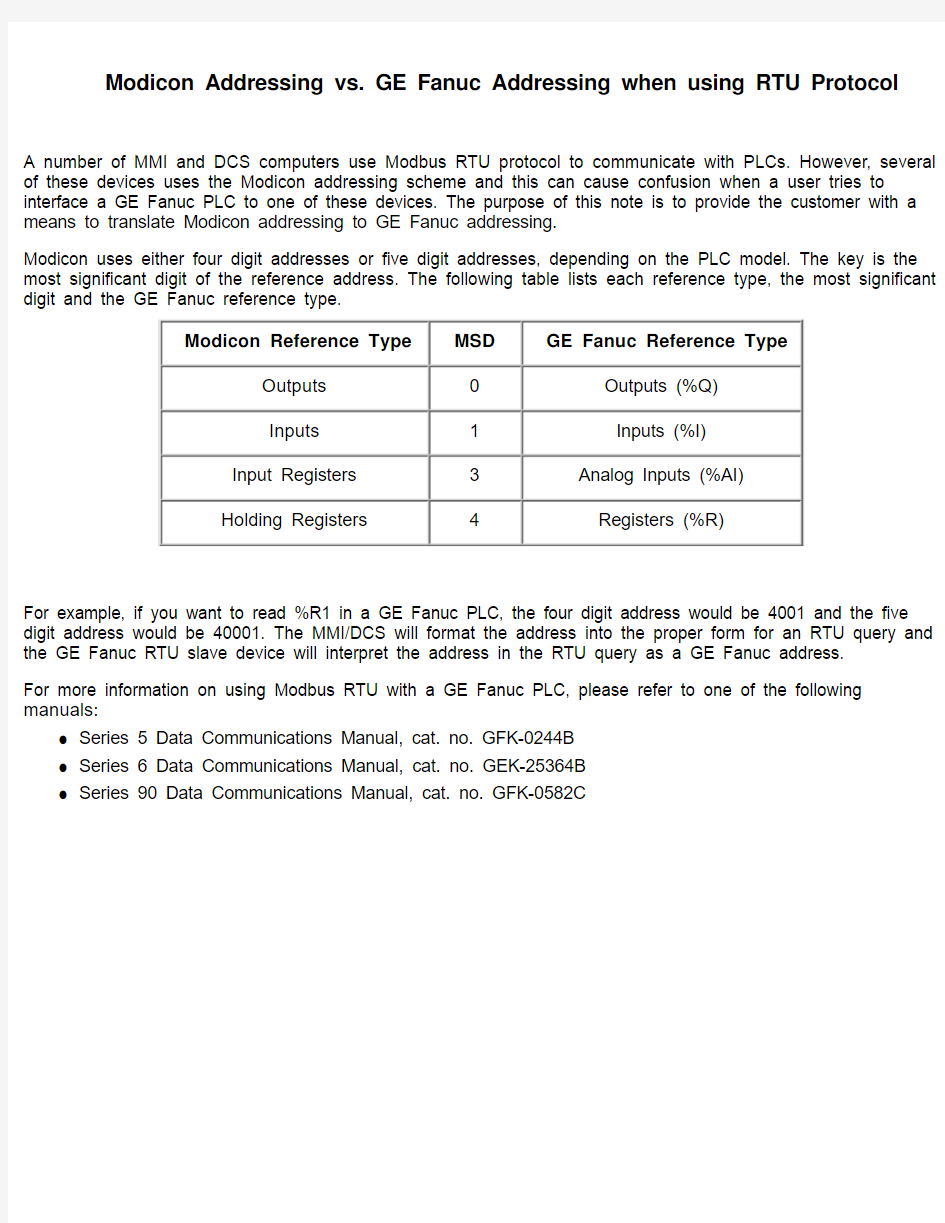 GE PLC Modbus地址与上位机