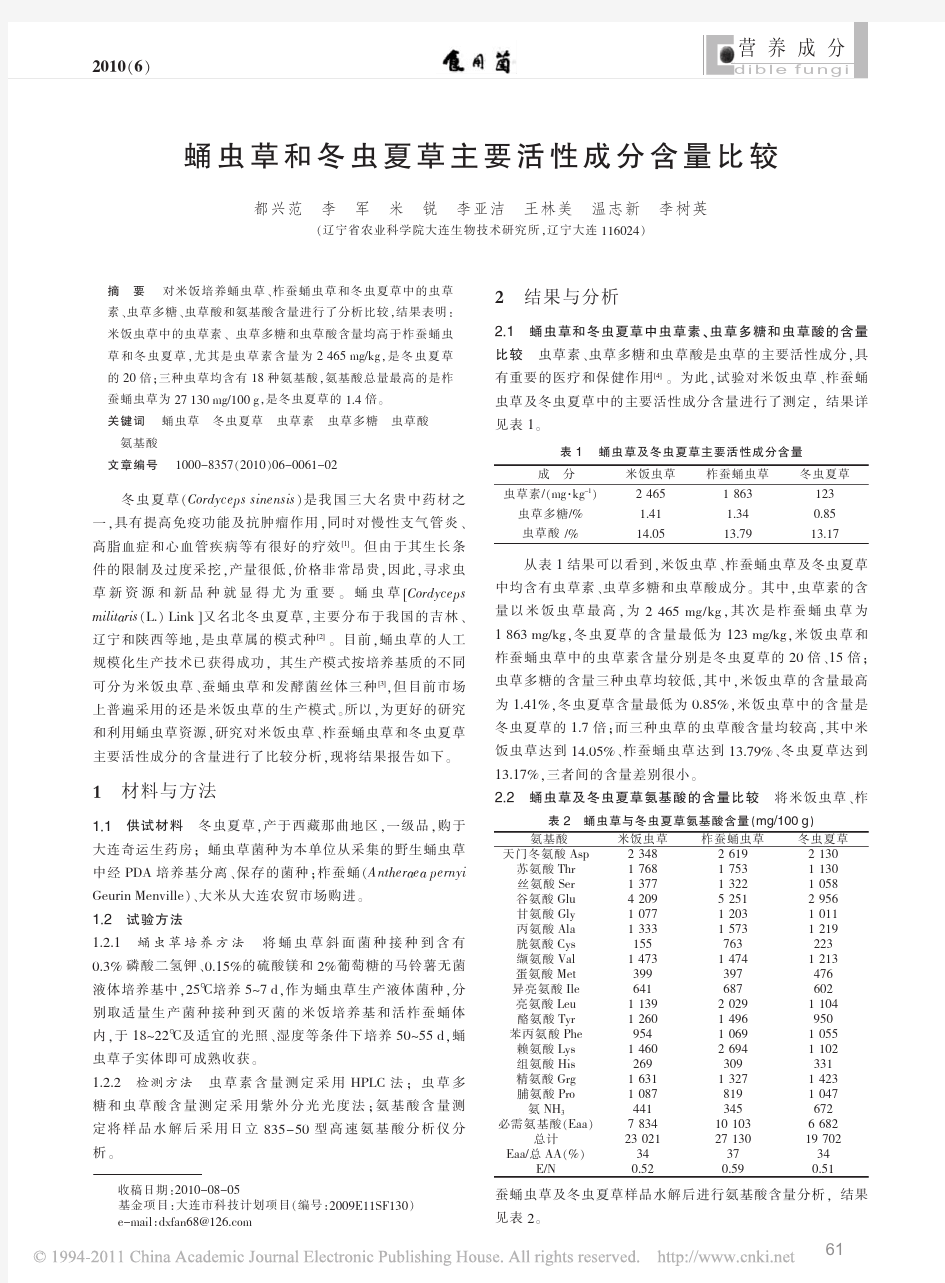 蛹虫草和冬虫夏草主要活性成分含量比较