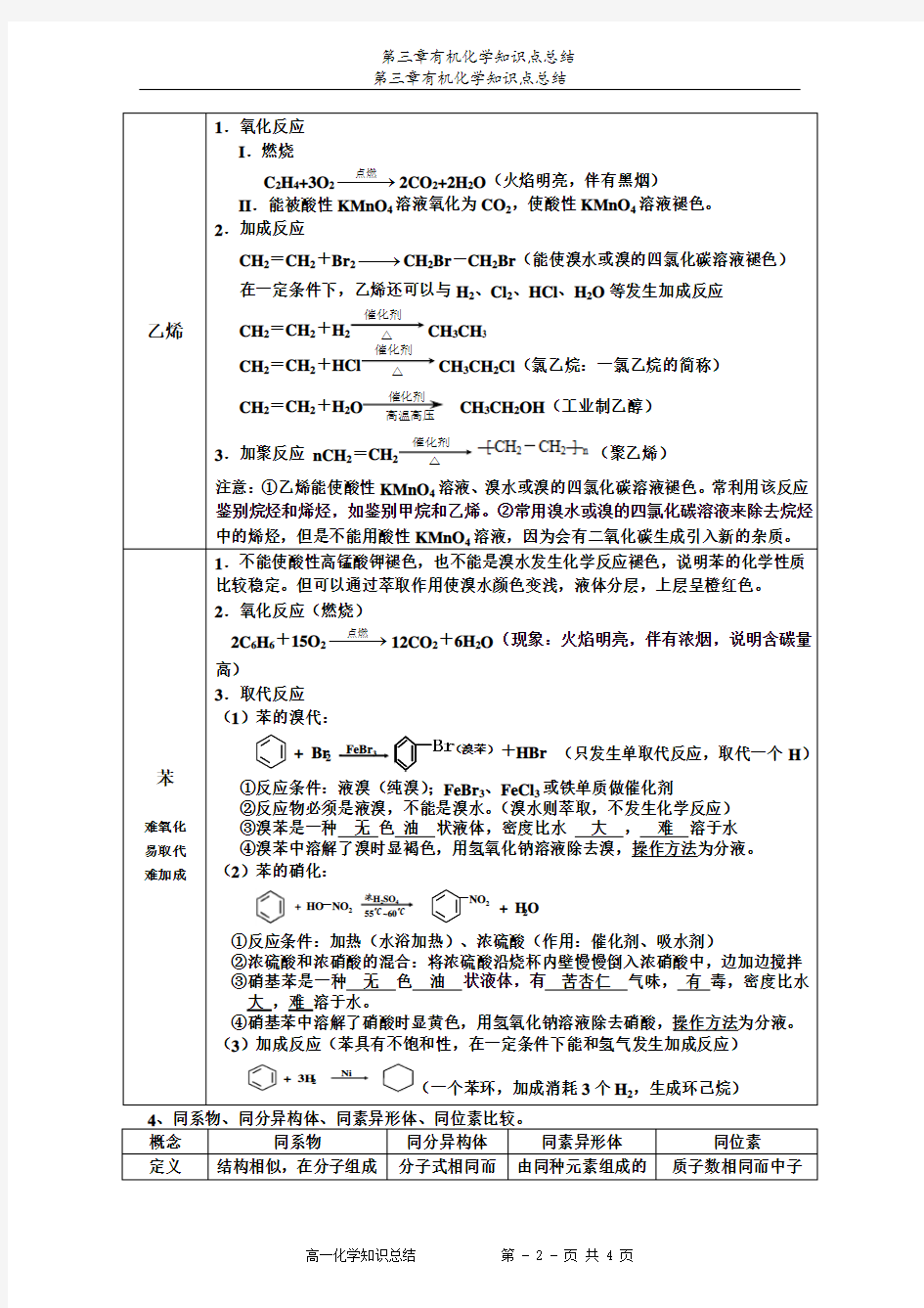 高一化学必修2第三章有机化合物总结