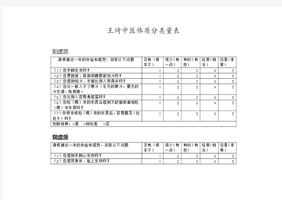 王琦中医体质分类量表