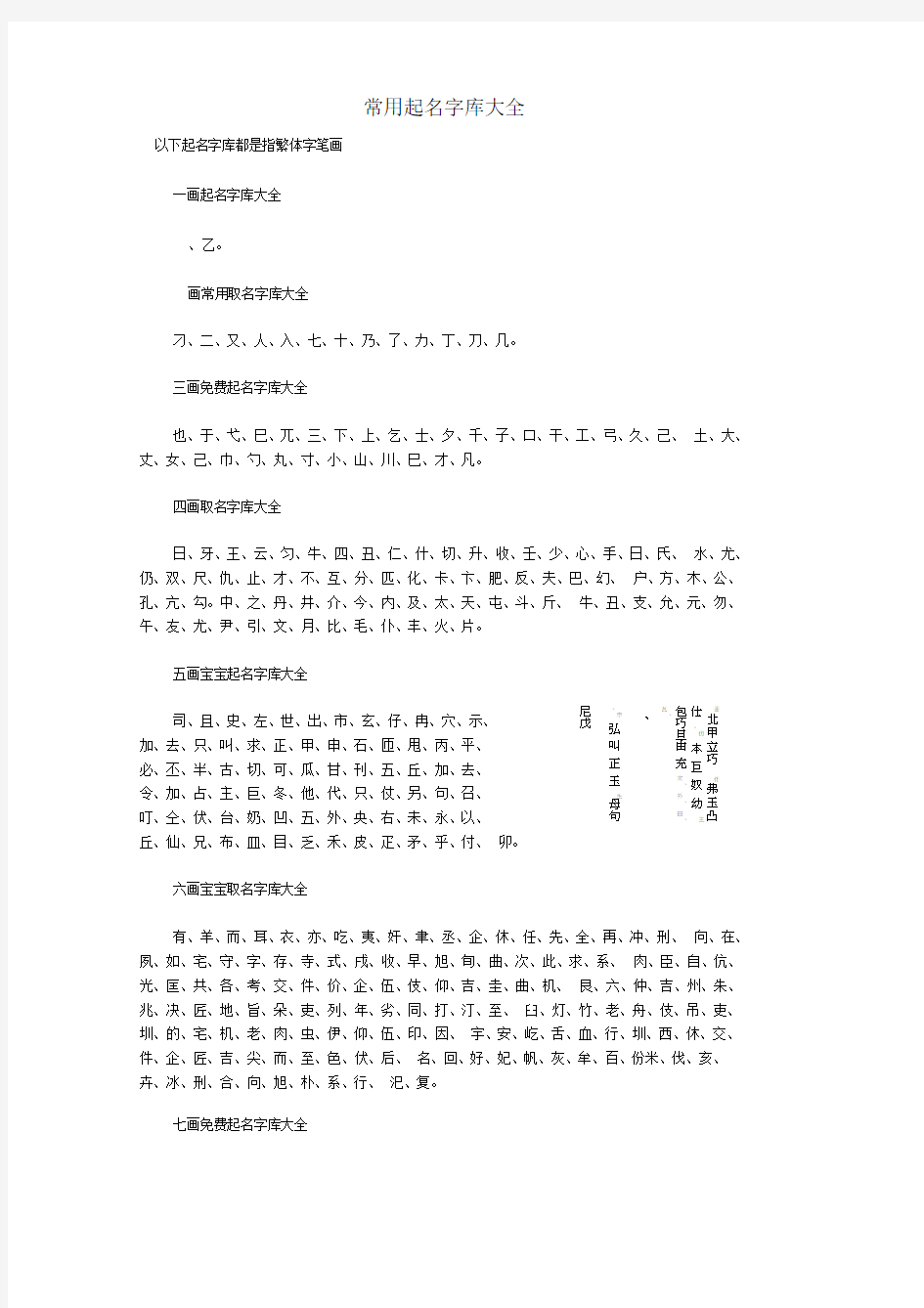 常用起名字库大全