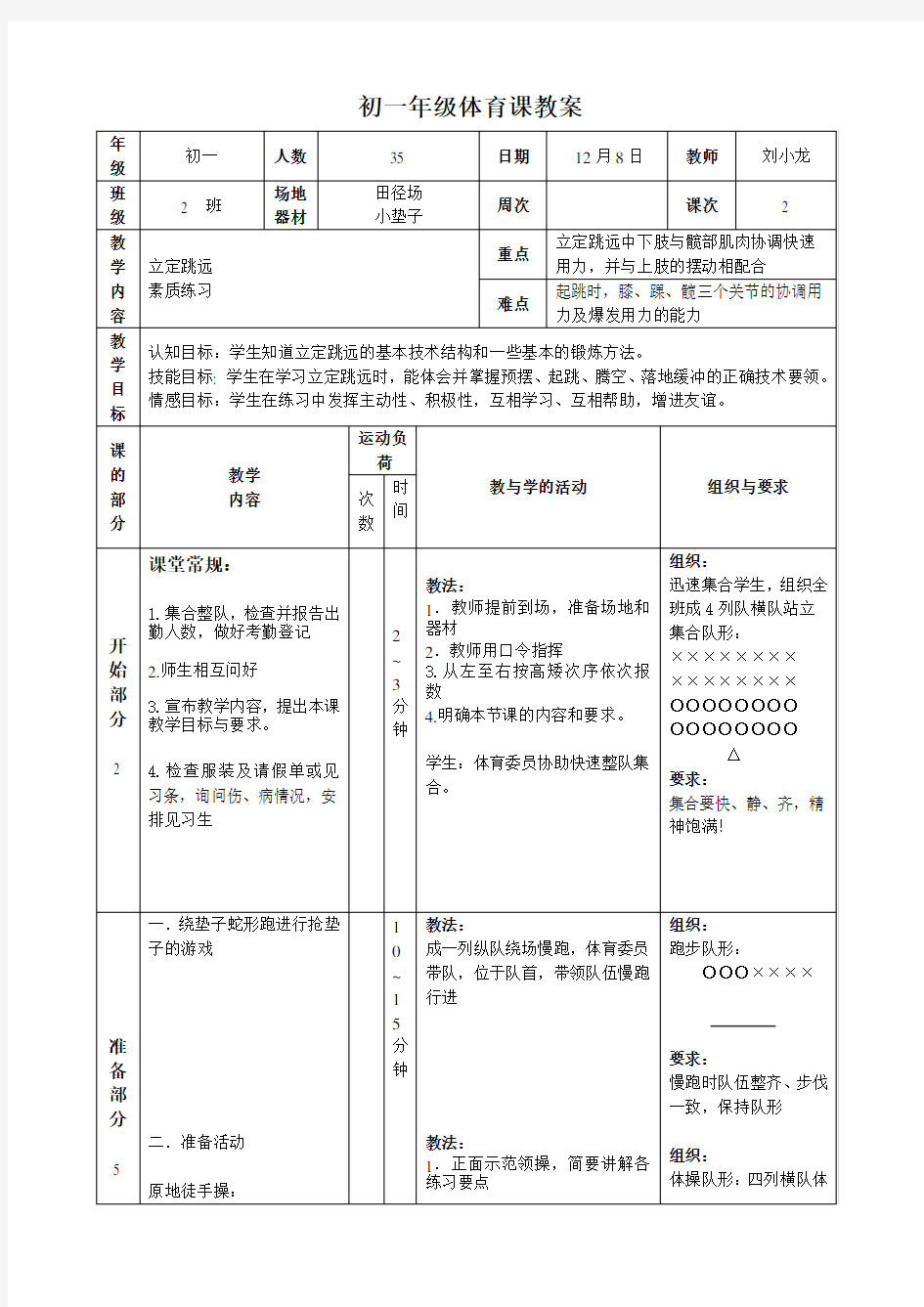 初中精品公开课立定跳远优秀教案