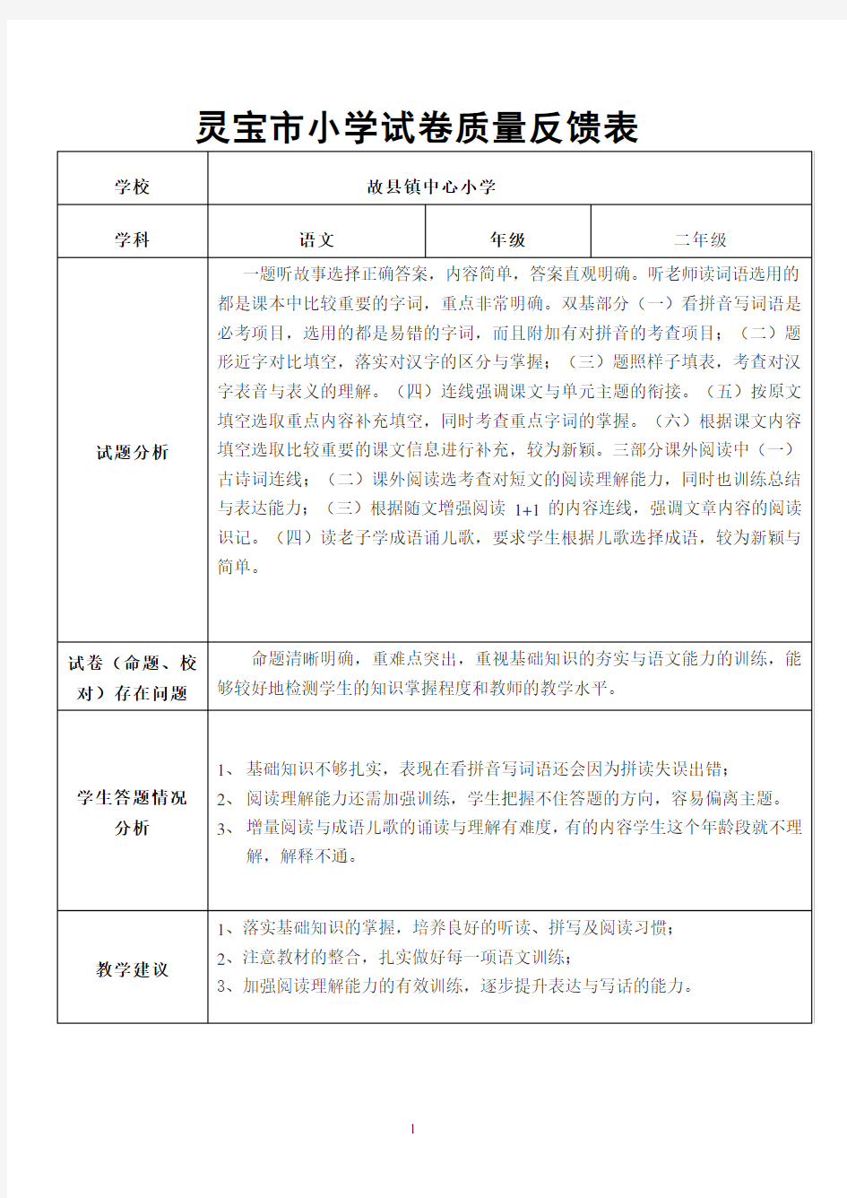 二年级期上期末语文试卷反馈表及卷面分析