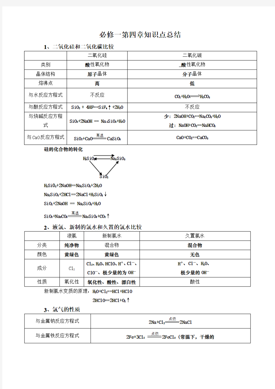 高中化学必修一第四章知识点总结 