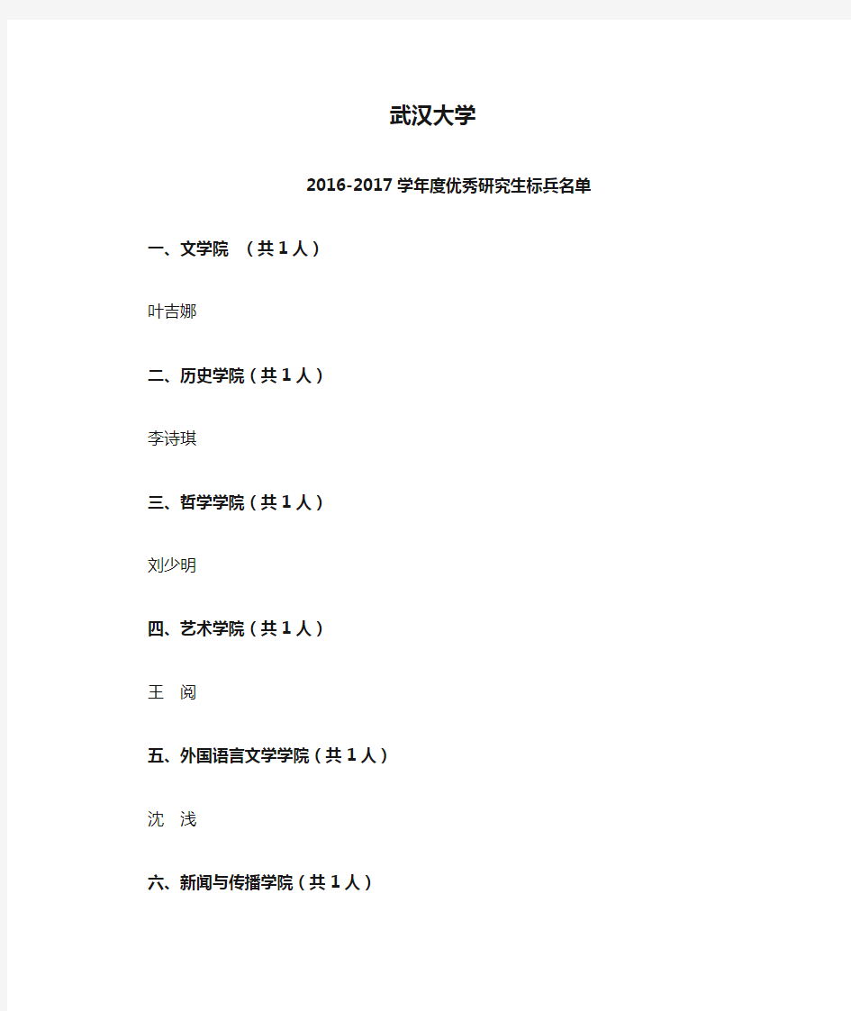 武汉大学2017优秀研究生标兵公示名单