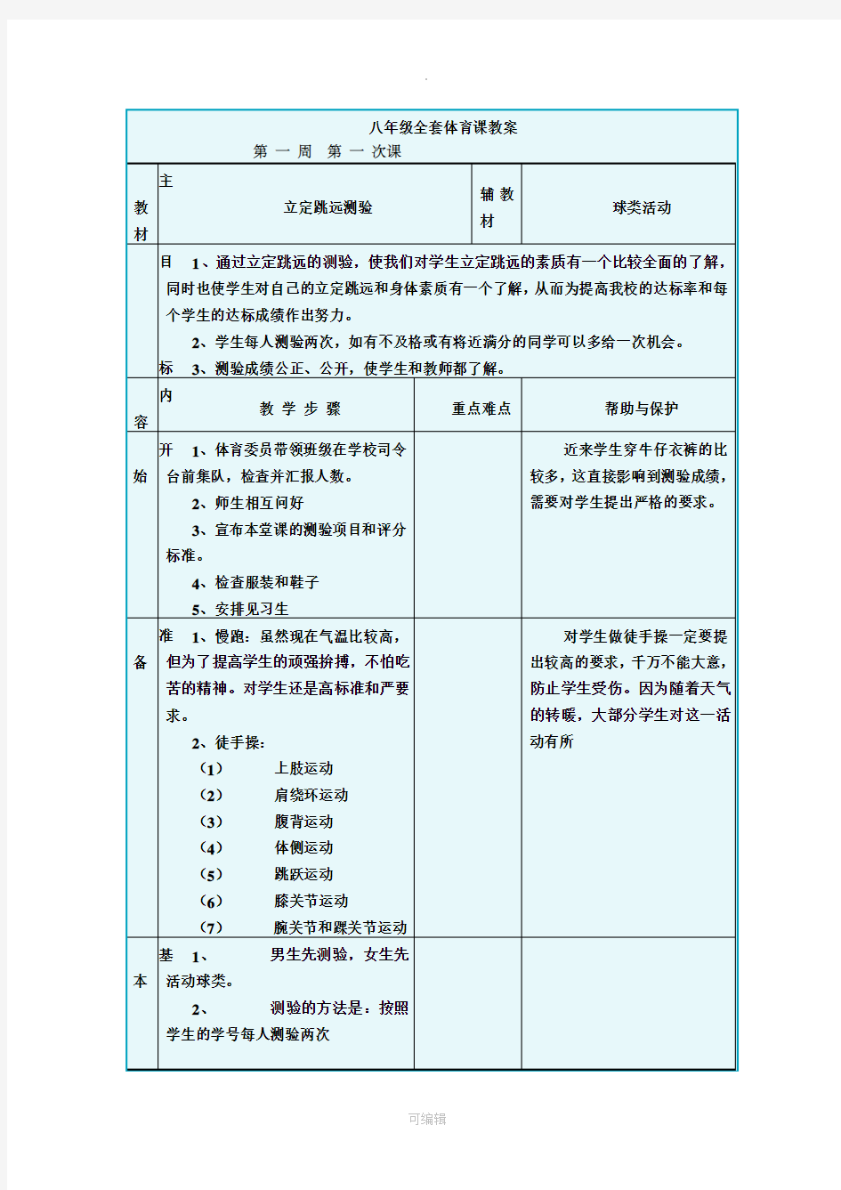 八年级全套体育课教案89262