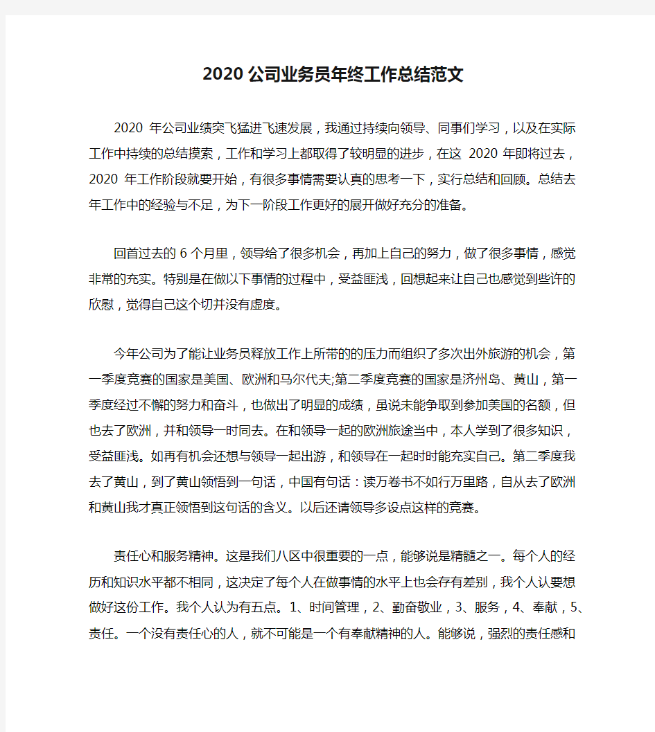 2020公司业务员年终工作总结范文