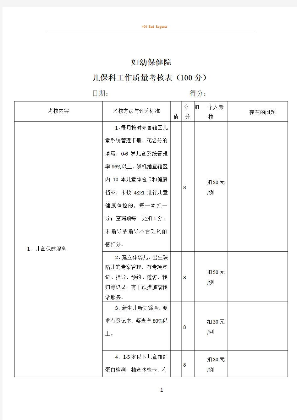 儿保科工作质量考核表