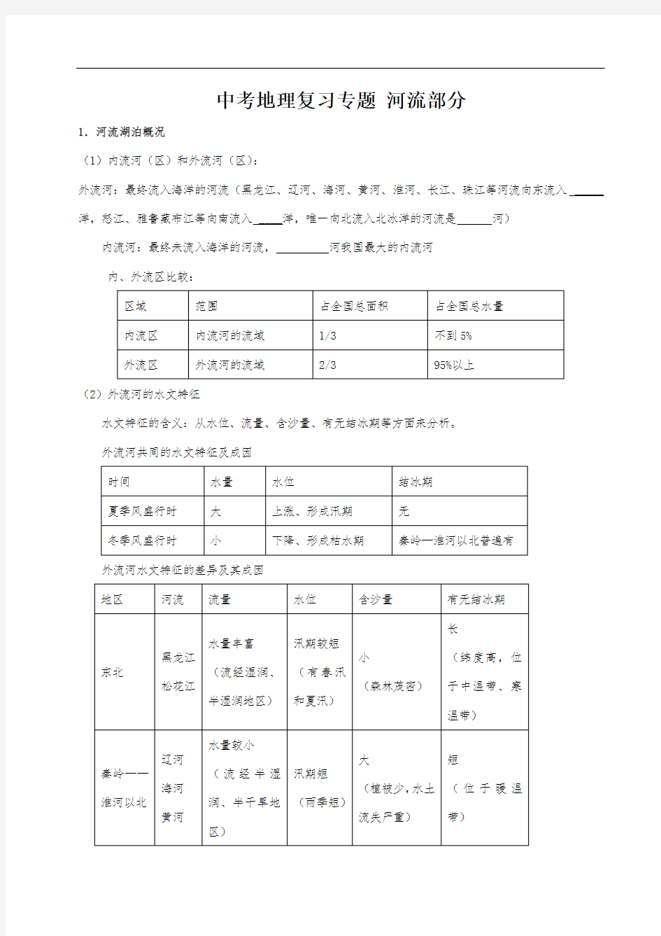 中考地理复习专题-河流部分