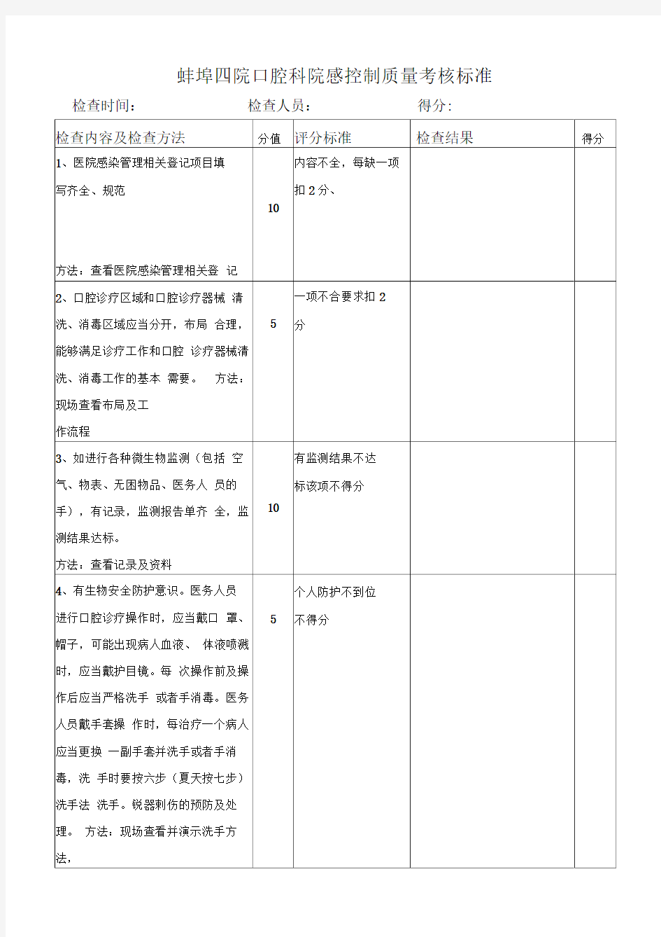 口腔科院感控制质量考核标准