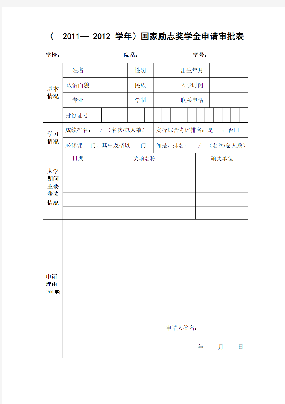 (完整版)国家励志奖学金申请表