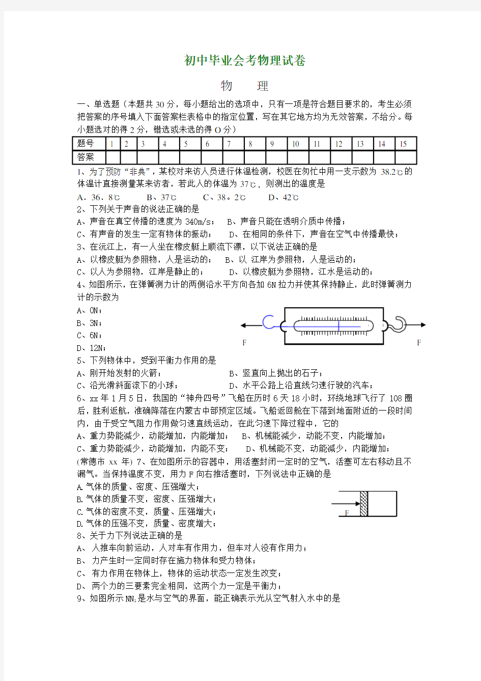 初中毕业会考物理试卷