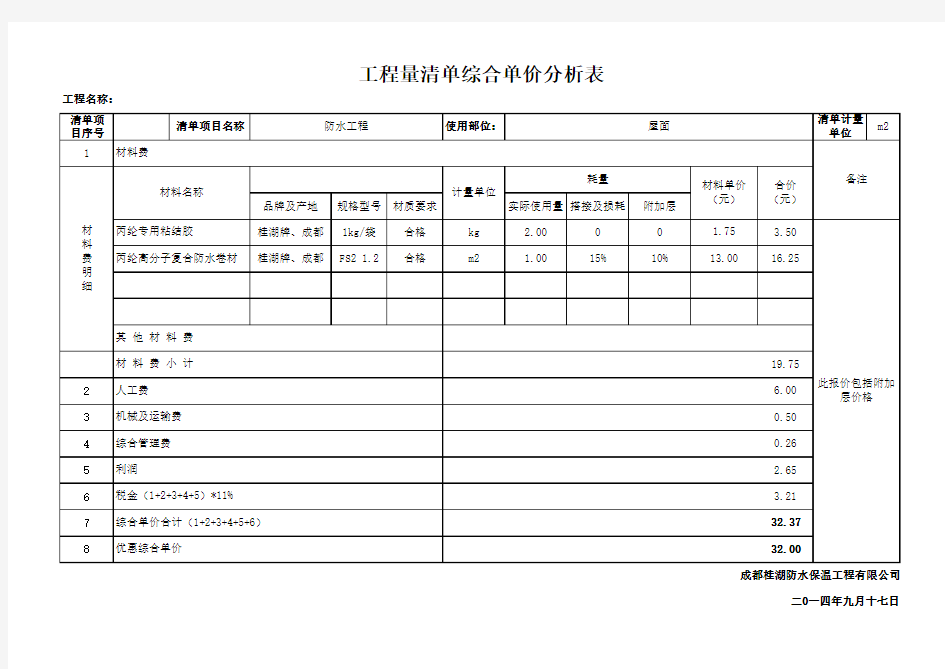 防水工程工程量清单报价格式(NEW)