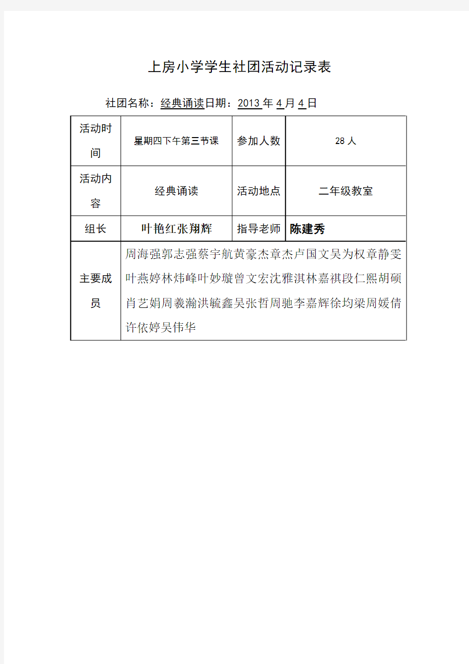 经典诵读社团活动记录表