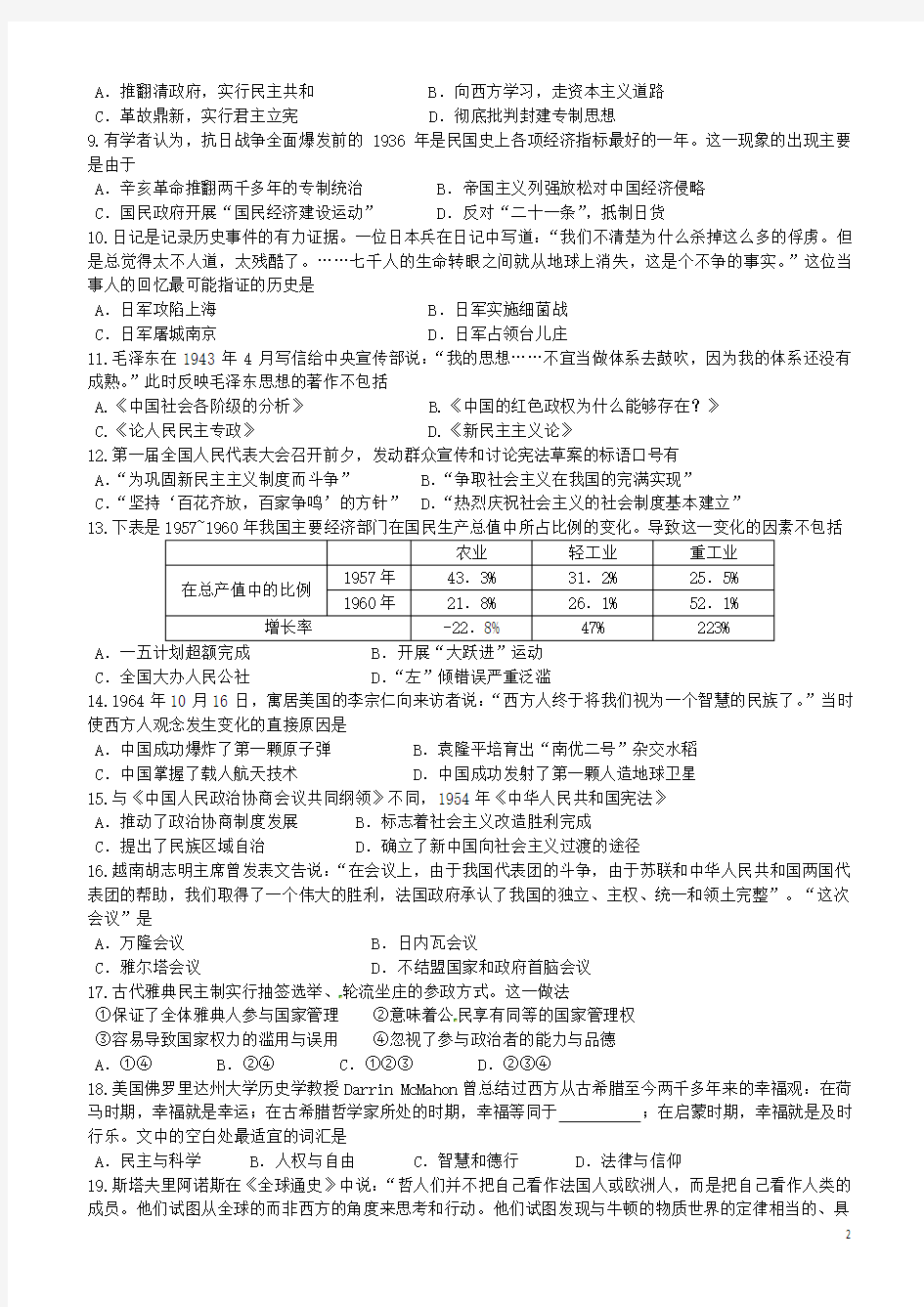 江苏省扬州市高二历史学业水平测试模拟(二)试题