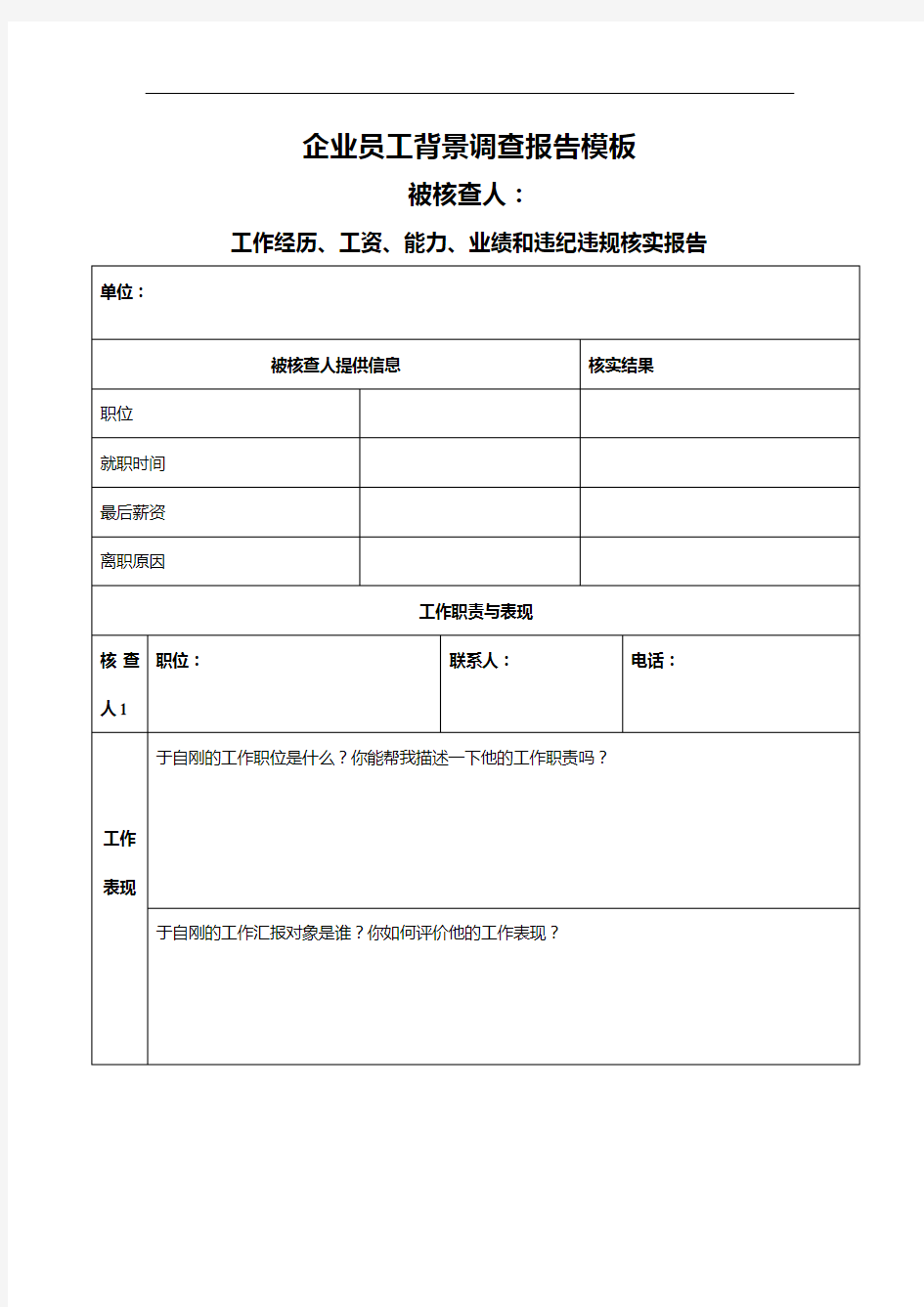 企业员工背景调查报告模板