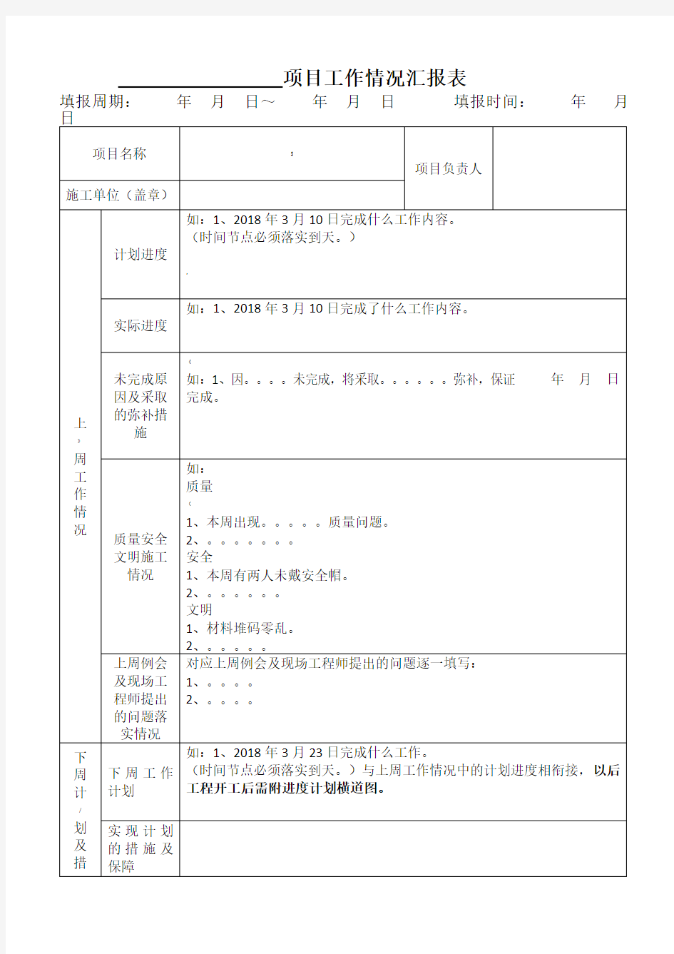 项目施工进度情况汇报表