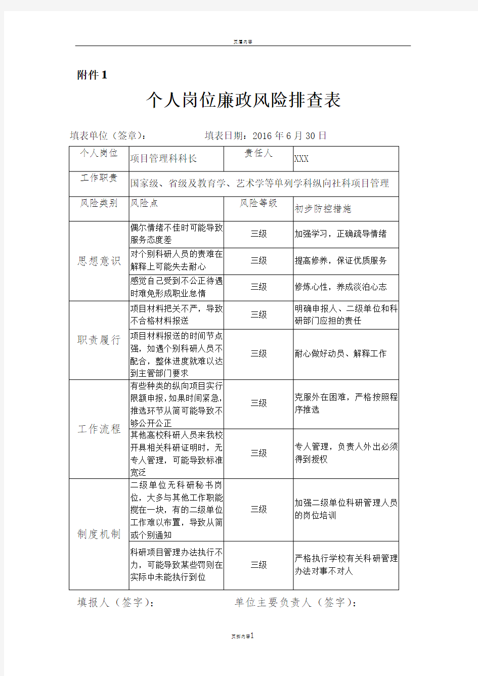 个人岗位廉政风险排查表