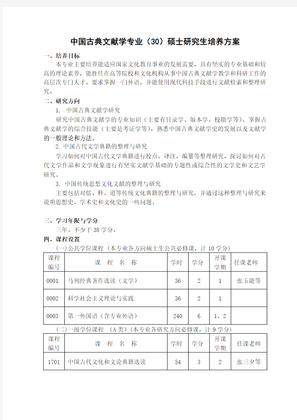 中国古典文献学专业(30)硕士研究生培养方案