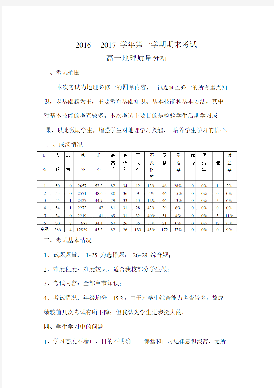 (完整)高一上学期地理期末质量分析.docx