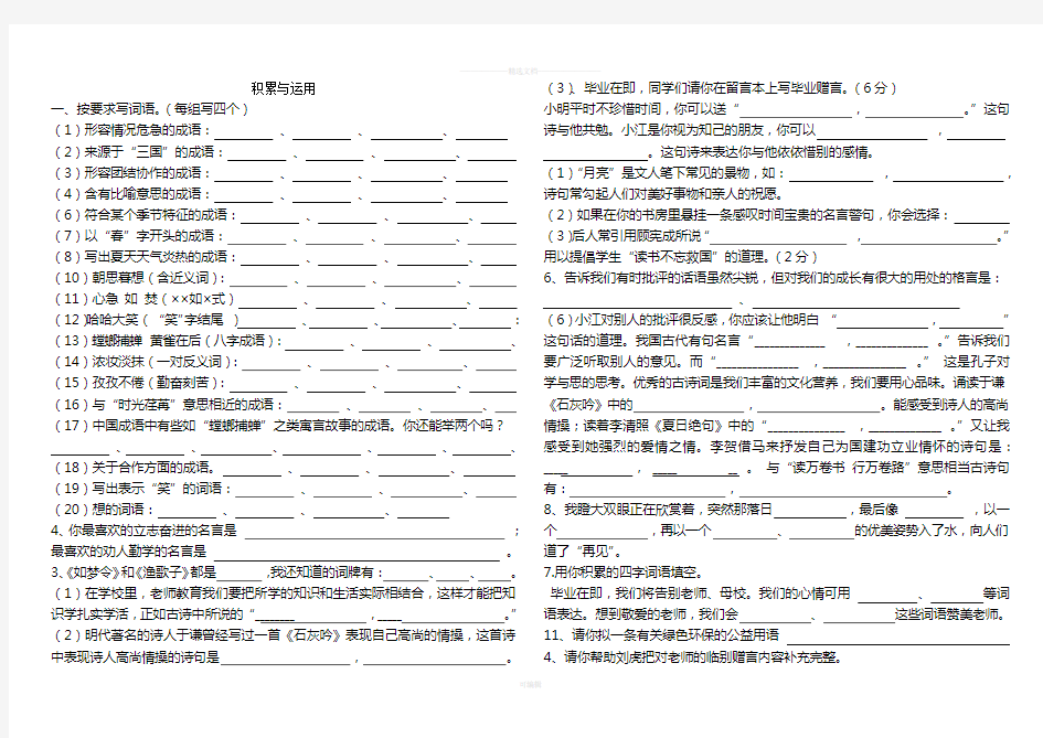 苏教版六年级语文下册积累与运用定精选