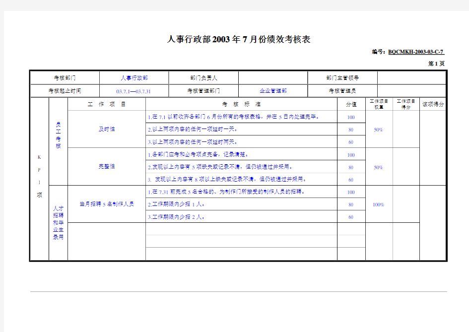 人事行政部月度考核表