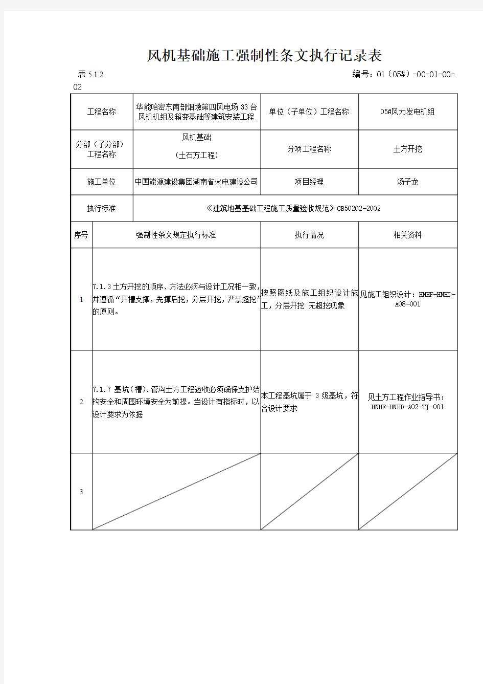 一期风机基础工程强制性条文执行记录表