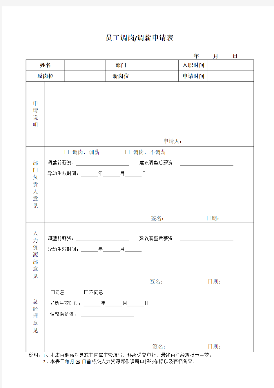 员工调岗调薪申请表2017