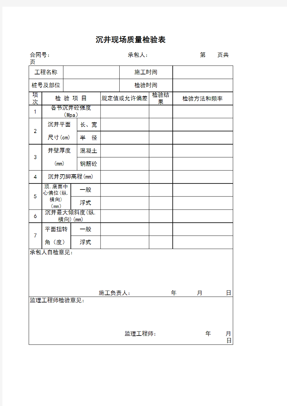 沉井现场质量检验表