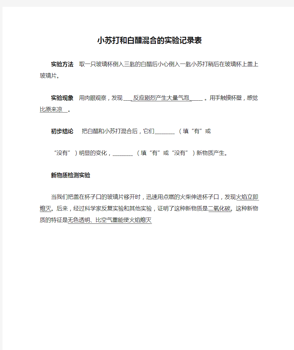 小苏打和白醋混合的实验记录表