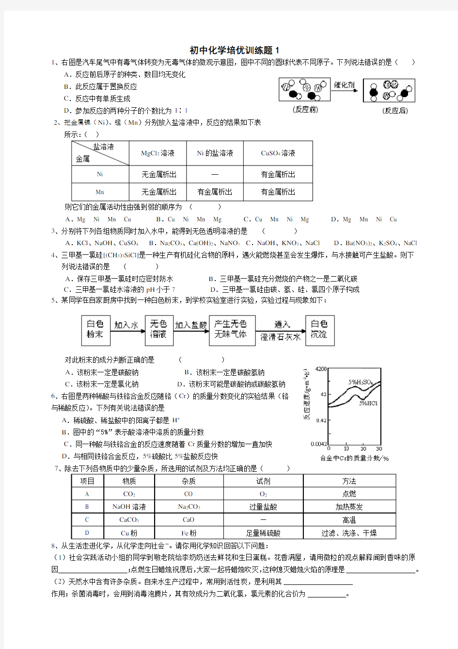 化学培优中考训练试题