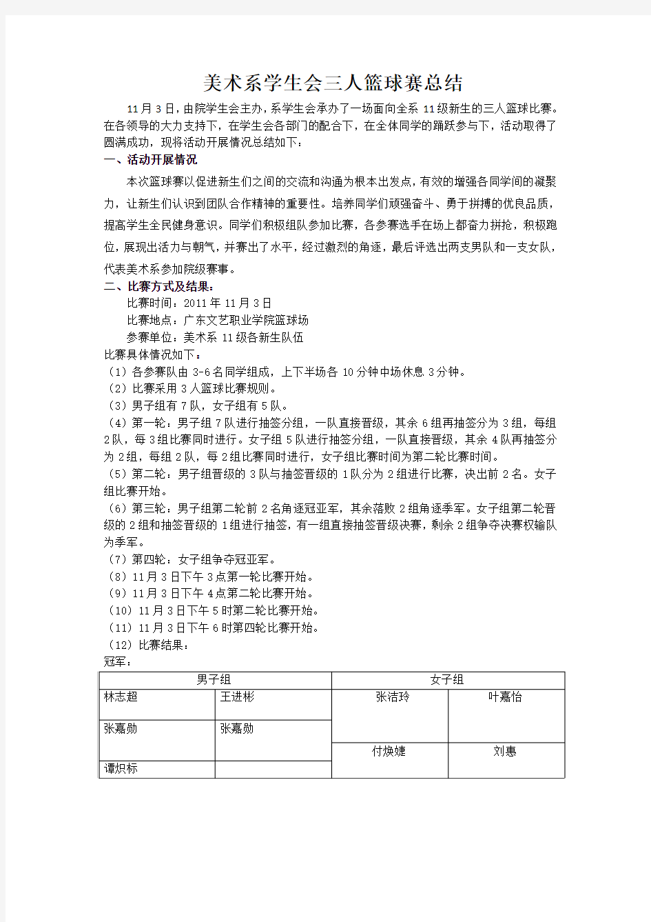 美术系学生会三人篮球赛总结