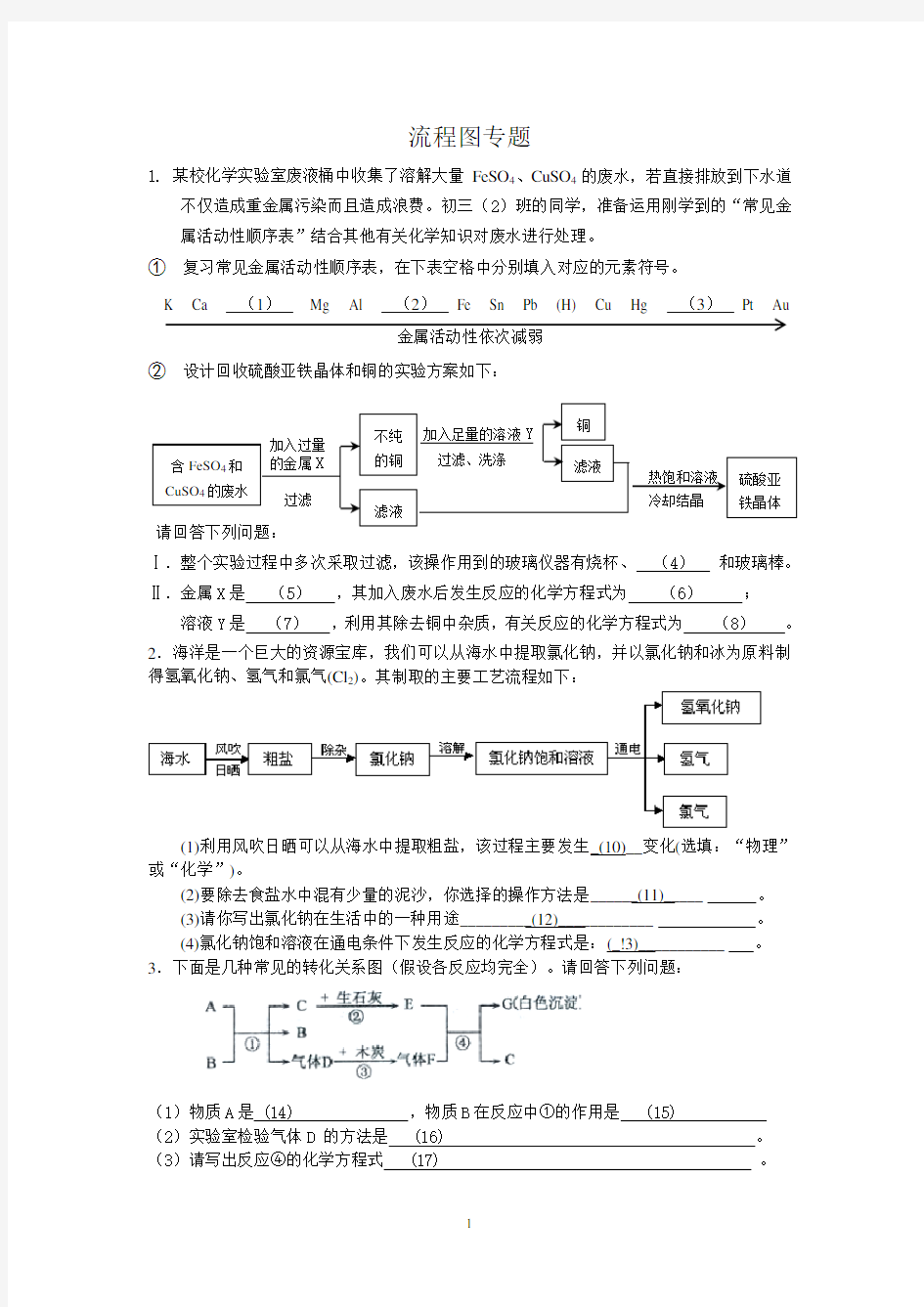 初三化学流程图专题