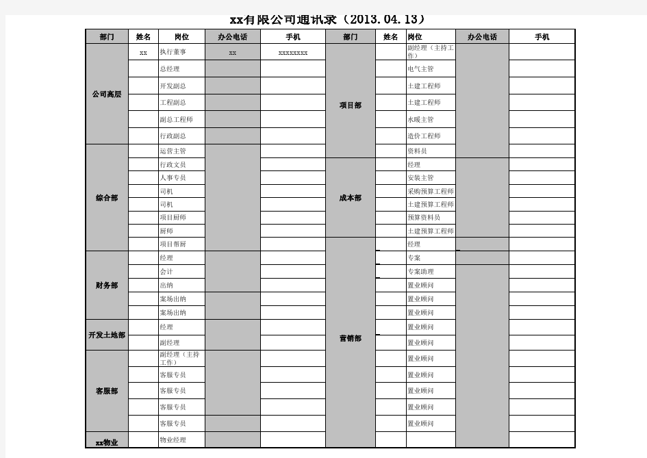 公司员工内部通讯录范文-表格