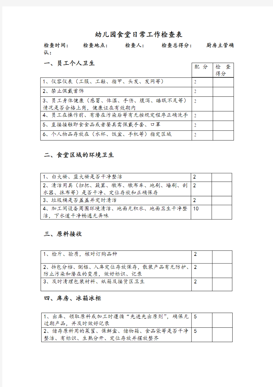 幼儿园食堂日常工作检查表