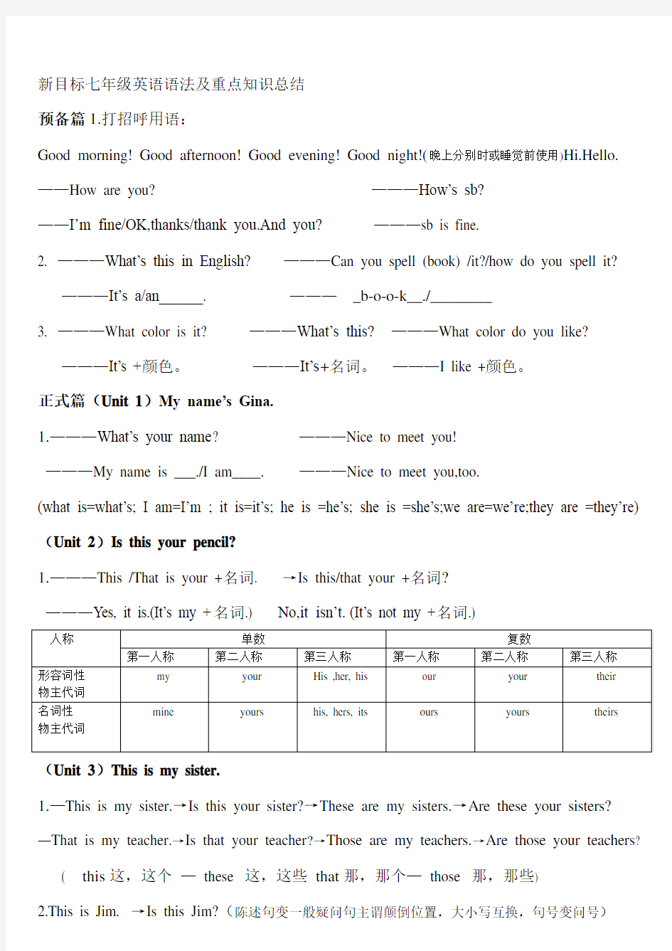 新目标七年级英语语法及重点知识总结上册