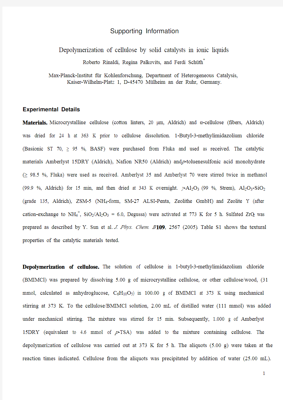 纤维素水解文献Depolymerization of cellulose by solid catalysts in ionic liquids