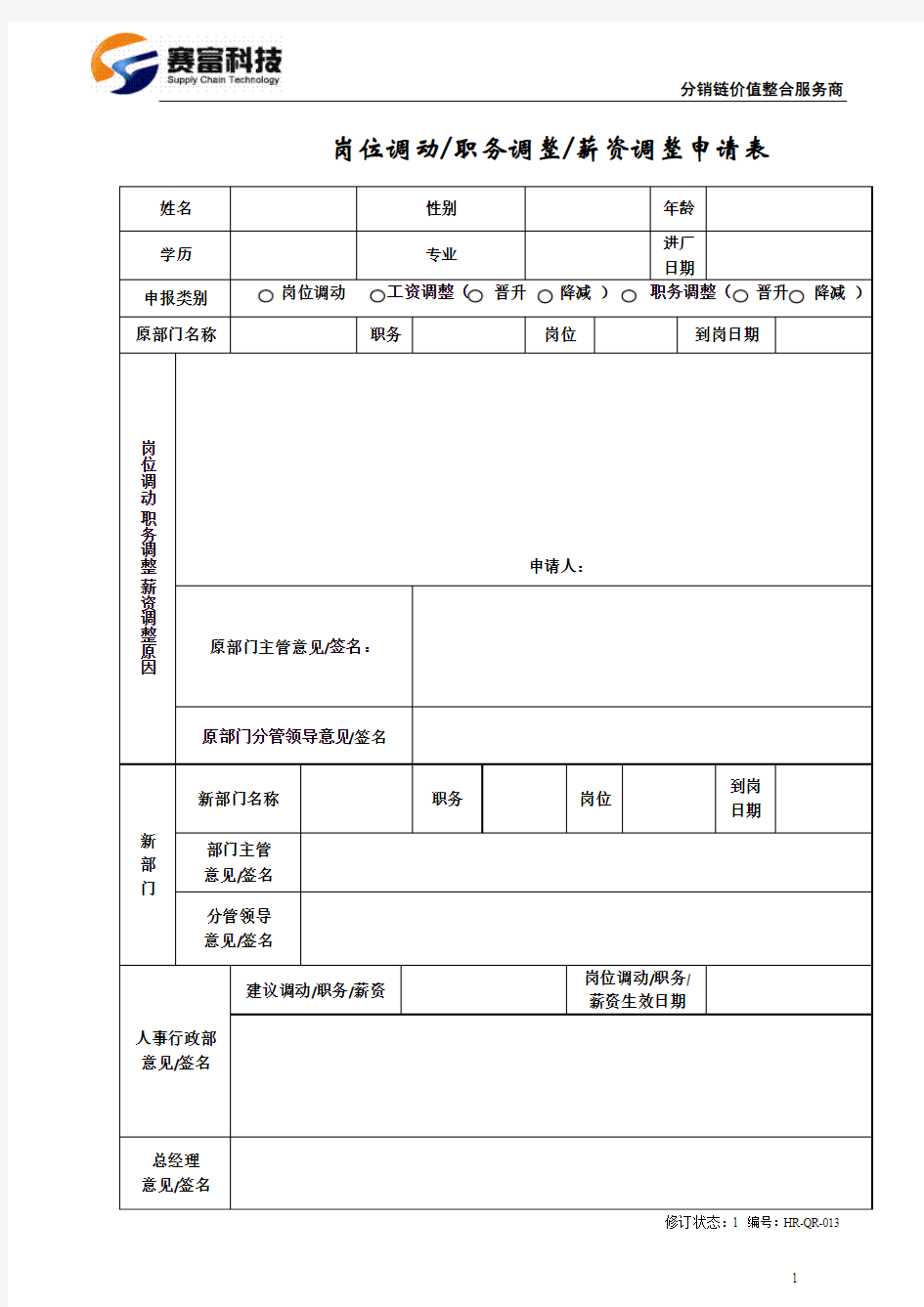 岗位调动职务调整薪资调整申请表