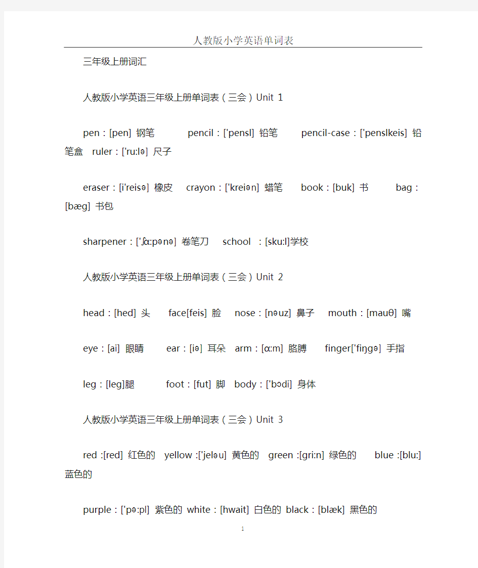 人教版小学三到六年级英语单词汇总