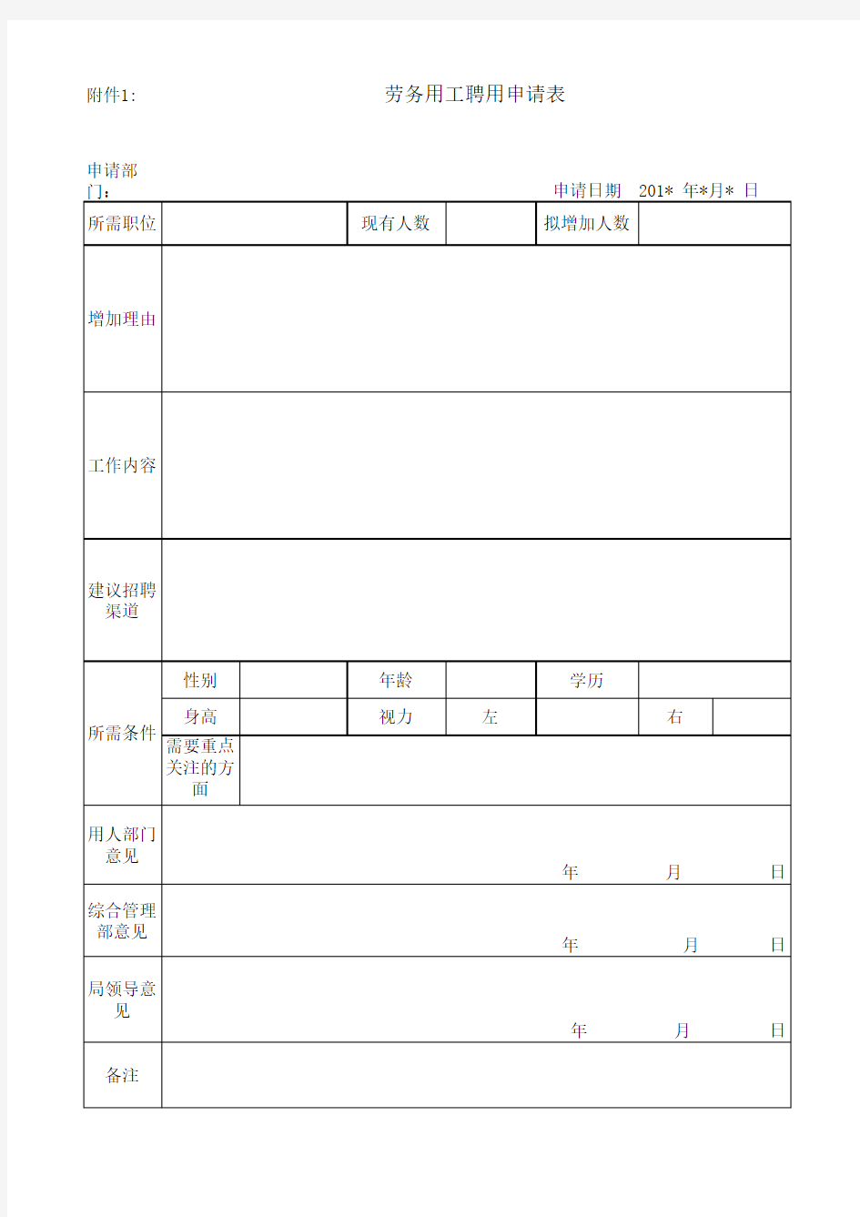 公司内部劳务用工聘用申请表