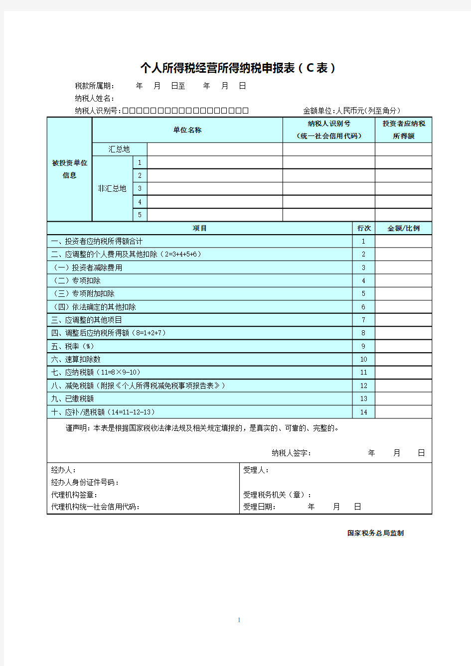 个人所得税经营所得纳税申报表(C表)2019年