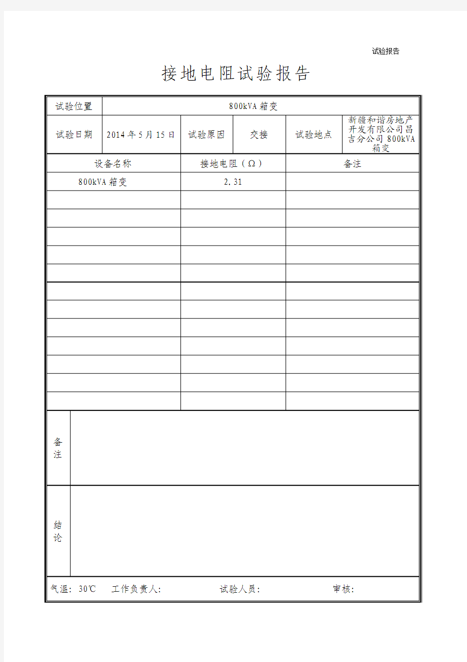 800kVA箱变接地电阻试验报告