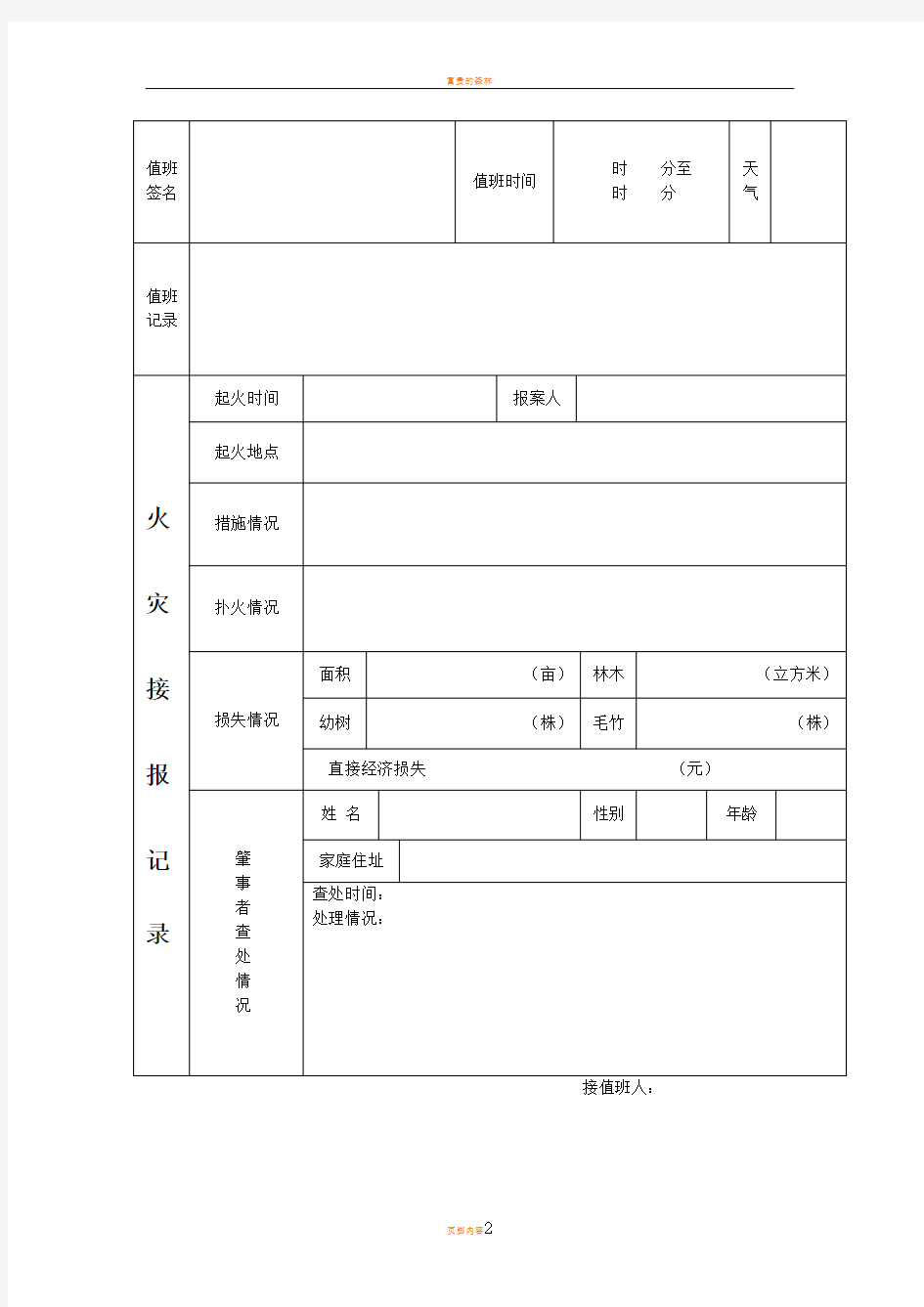 森林防火值班记录表