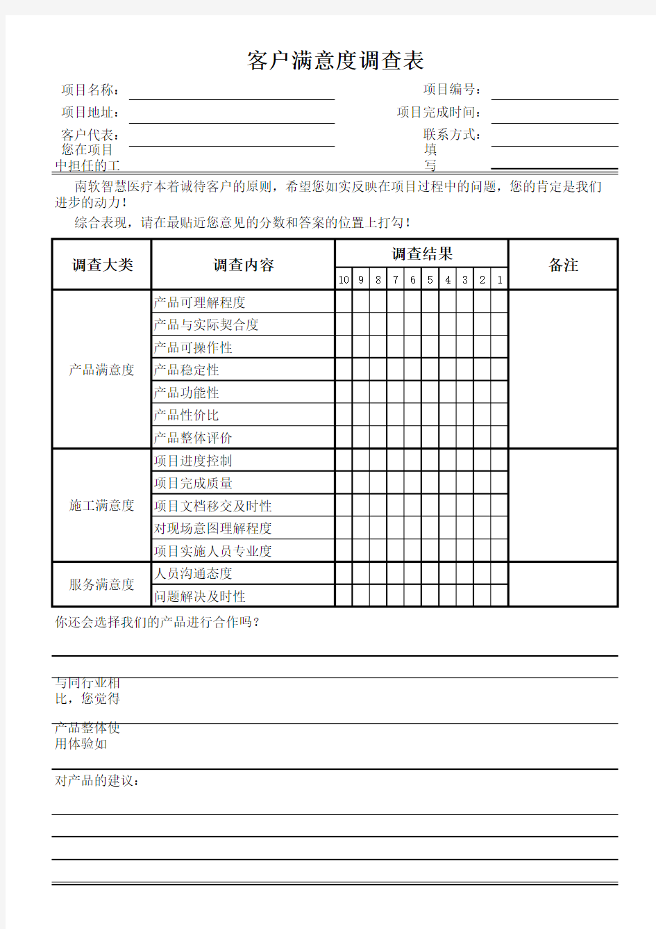 项目满意度调查表