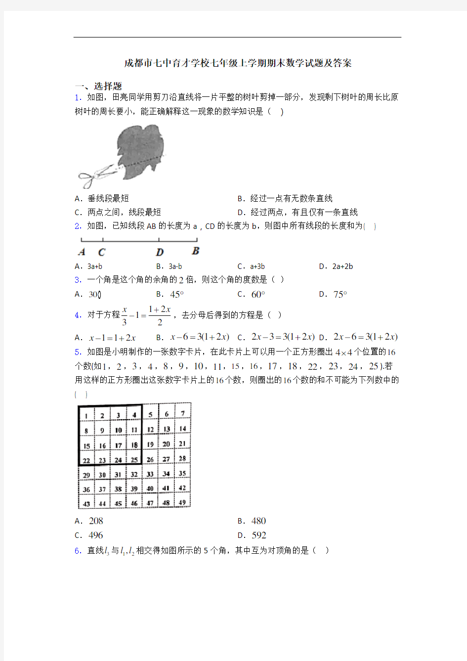 成都市七中育才学校七年级上学期期末数学试题及答案